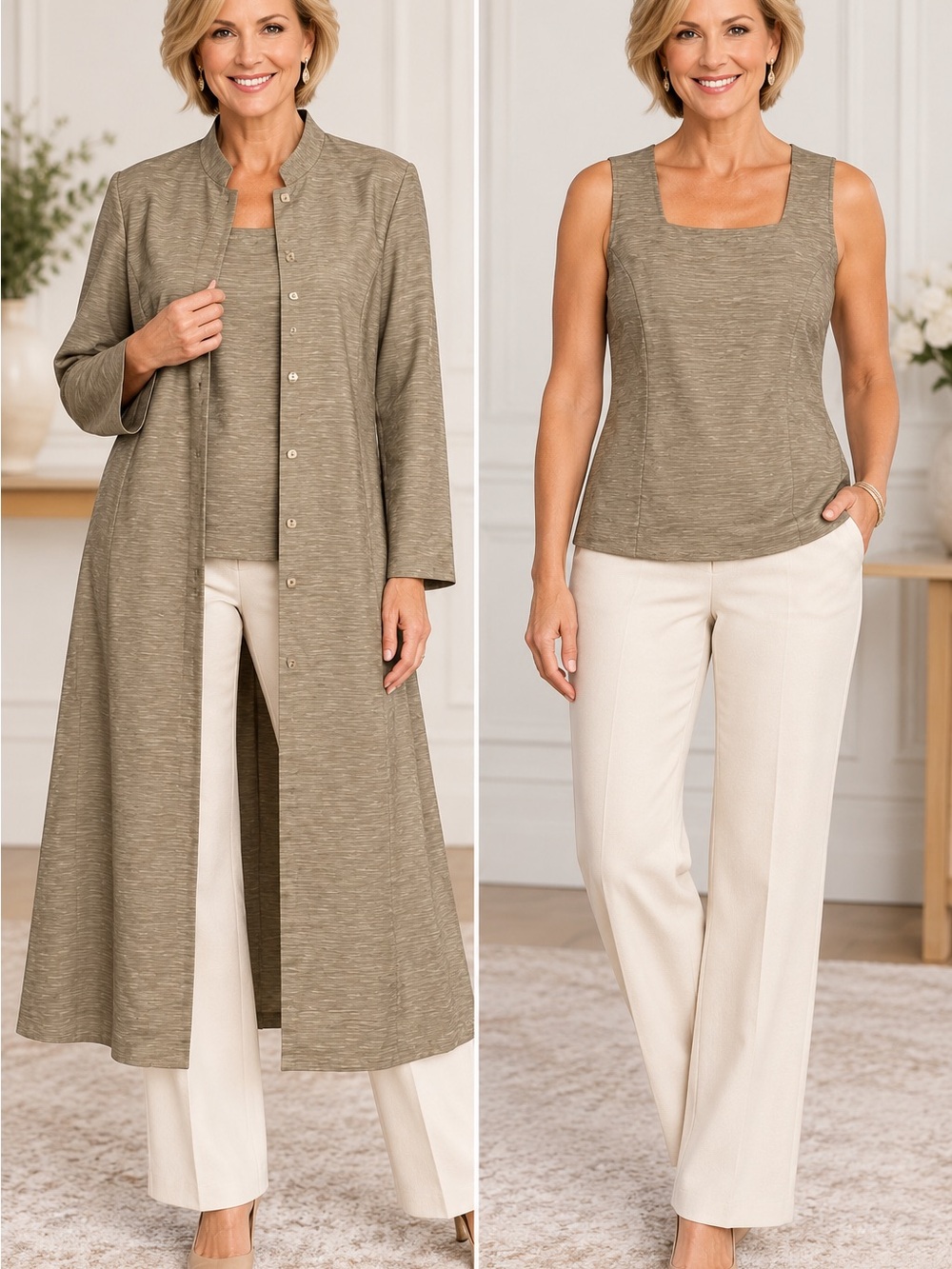 Dialogue 100% Silk 2 Pc Set Size XS Taupe Long Duster Jacket & Tank Set